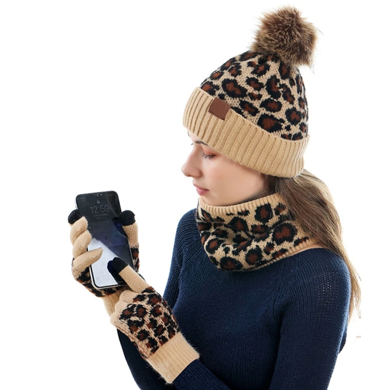 

3Pcs Women Winter Pompom Beanie Hat Scarf Touch Screen Gloves Set Warm Knit Leopard Print Skull Cap Plush Lined Warmer