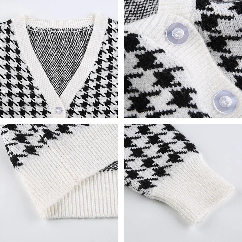 

Vintage Knitted Cropped Jacket Women Fashion 2021 Houndstooth Spring Autumn Button Up V Neck Long Sleeve Coats Knitwear Feamle