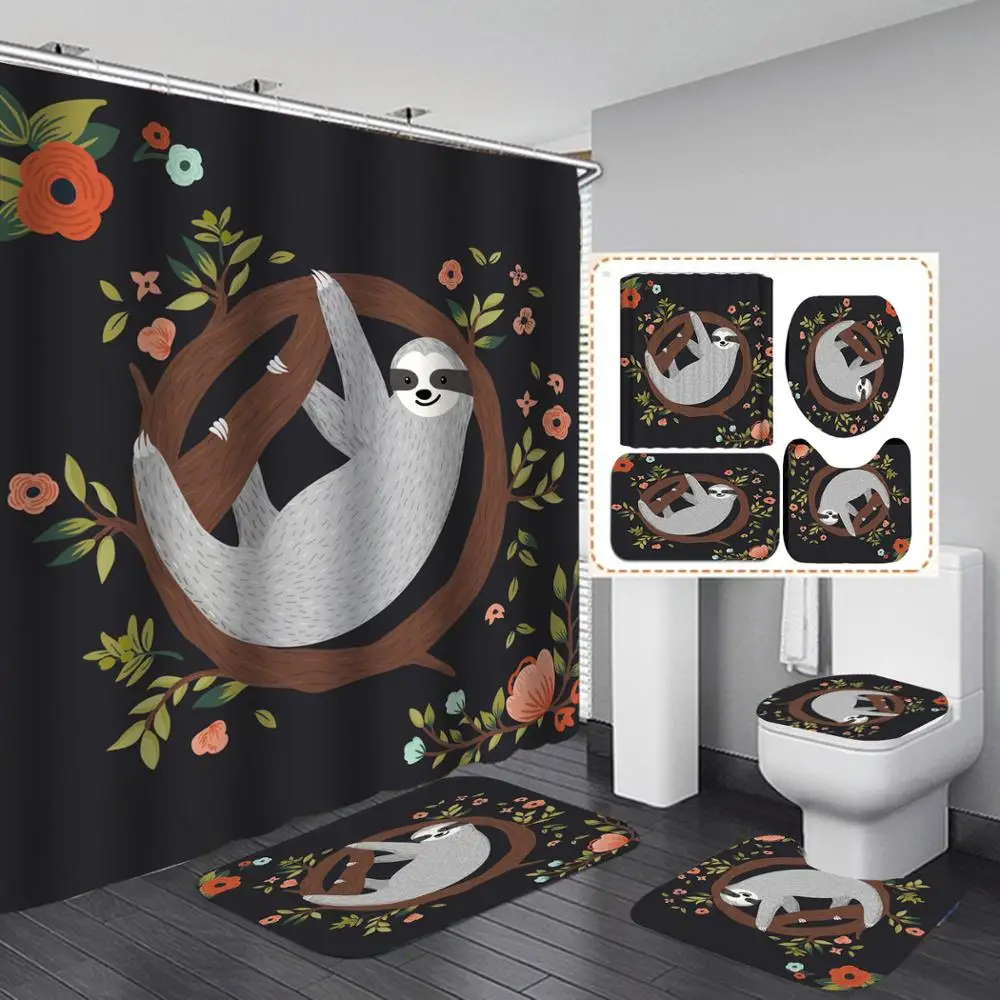 

sloth Print Shower Curtain 4 Piece Carpet Cover Toilet Cover Bath Mat Pad Set Bathroom Curtain with 12 Hooks