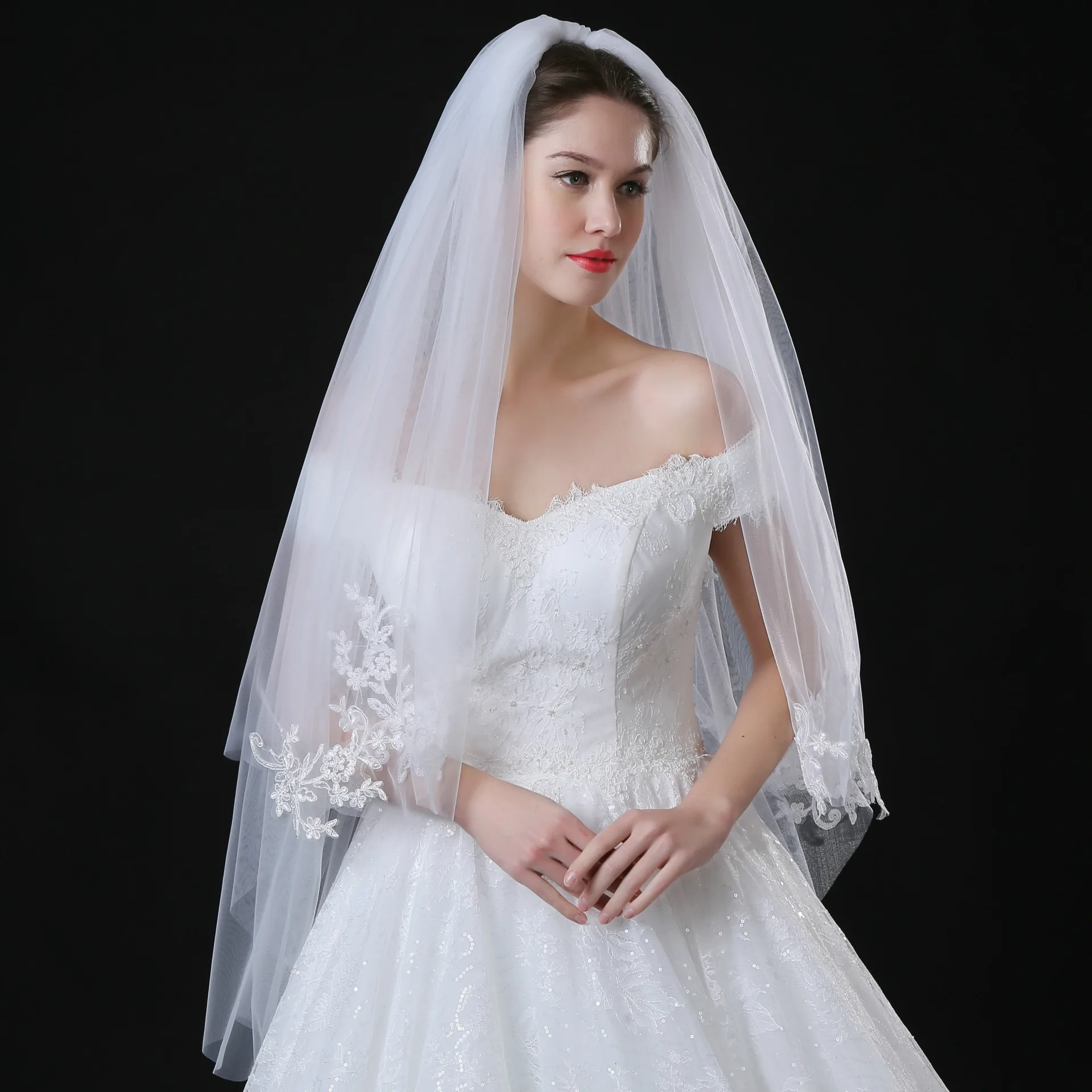 

Свадебная фата NUZK, короткая Тюлевая 2-слойная Фата Eldow с кружевным краем и расческой, свадебные аксессуары