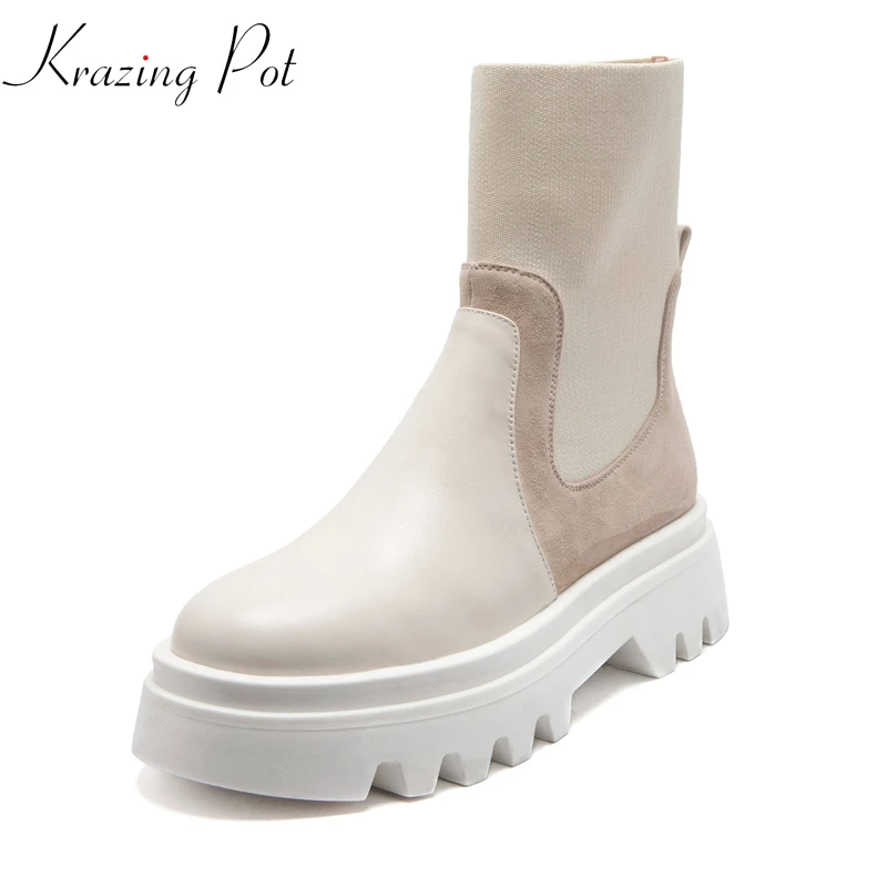 

Krazing Pot genuine leather platform thick bottom round toe street motorcycle boots keep warm stretch fabric mid-calf boots L74