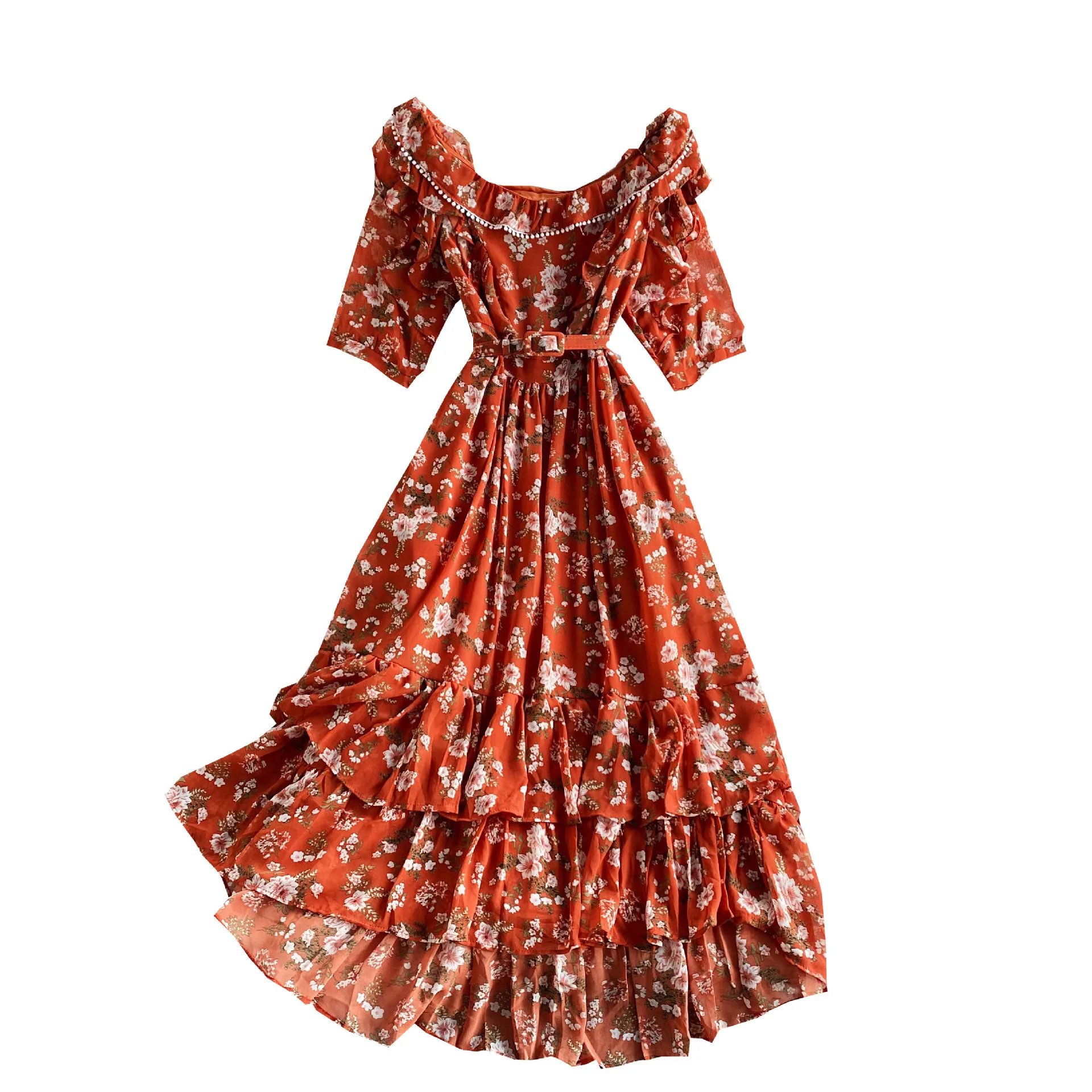 

Summer lotus leaf chiffon women's waist waist is thin floral dress fashion temperament large swing dress