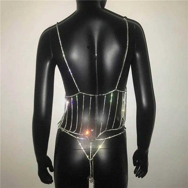 

Hollow Out Shiny Diamonds See Through Women Two Piece Set Glitter Crystal Cover Up Bikini Halter Crop Top Rhinestone Chain Thong