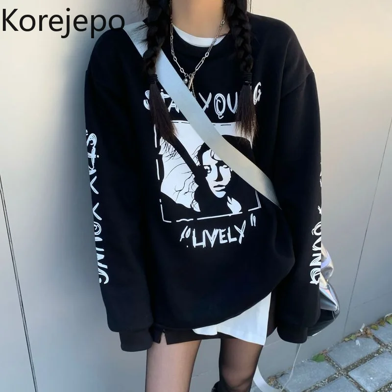 

Korejepo Black Plush Sweatshirts Autumn Winter 2021 New Print Versatile Pullover Round Neck Loose BF Harajuku Top Women Fashion
