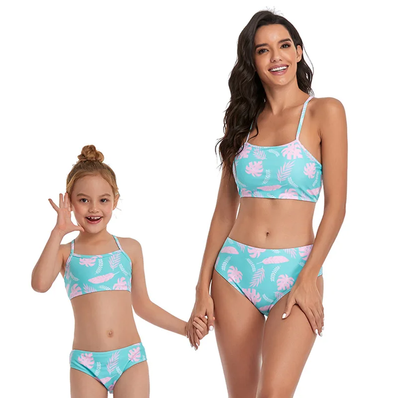 

Bikini Set Family Matching Outfit Mom And Me Clothes Separate Swimsuit Leaf Print Family Look Mother Daughter 2pcs Bathing Suit