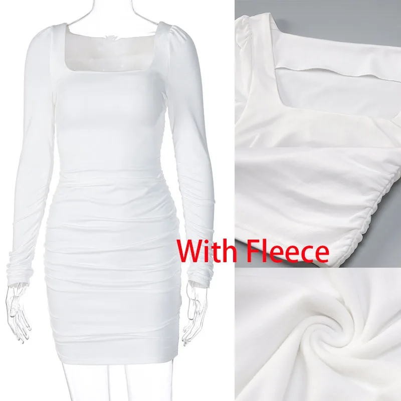 

Giyu Woman Dress Sexy Bodycon Club Party Mini Dresses 2021 Autumn Fleece Ruched Square Neck Long Sleeve Casual Vestidos White