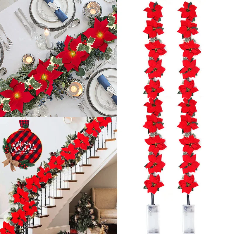 Guirnalda de luces navideña para decoración del hogar, guirnalda de decoración de flores de Pascua, adornos de árbol de Navidad interior y exterior, 2m/3m