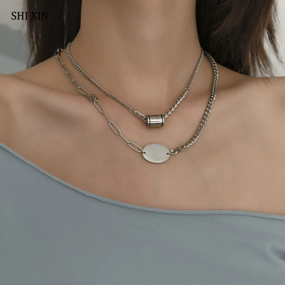 

SHIXIN Asymmetry Fashion Stainless Steel Chain Necklaces for Women/Men Designer Layered Pendant Necklaces Chains on Neck Jewelry