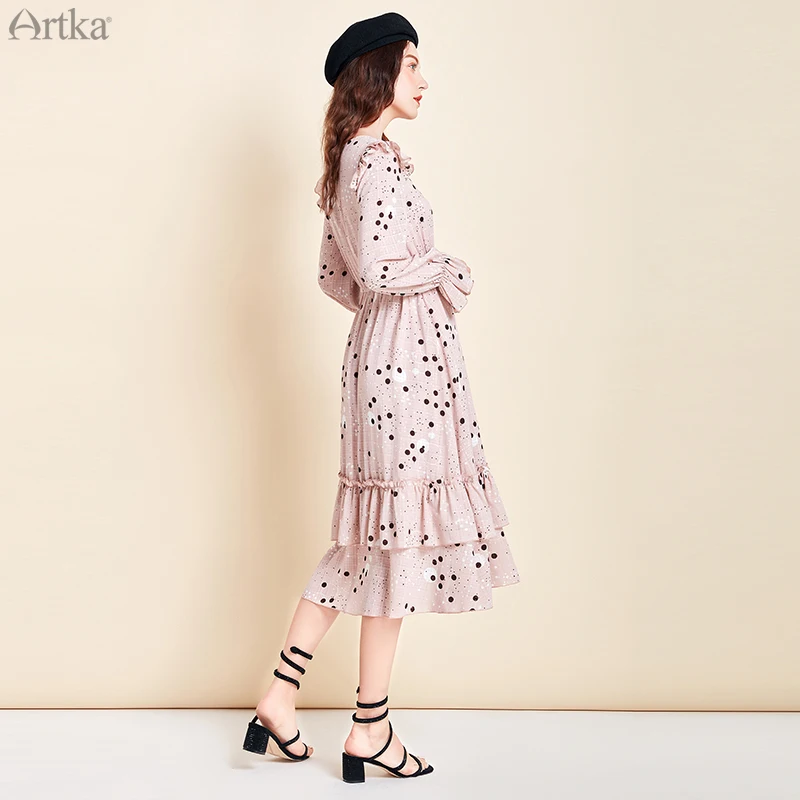 Женское шифоновое платье в горошек ARTKA длинное асимметричное с оборками и