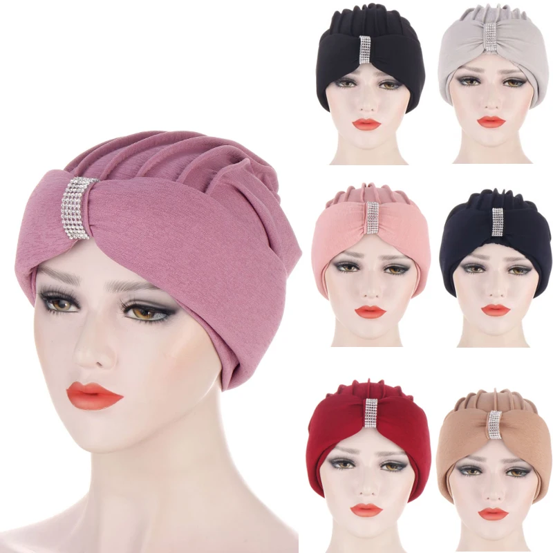 

Muslim Turban Hats for women Solid Rhinestone Sponge Headwear Caps Chemo Beanies Headwrap for Cancer Hair Accessories Wholesale
