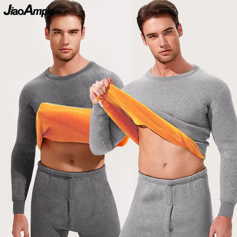 Winter Plush Fleece Warm Clothing Set Men Women Solid Classic Thick O-Neck Underwear Set Basic Thermal Tops Velvet Homewear