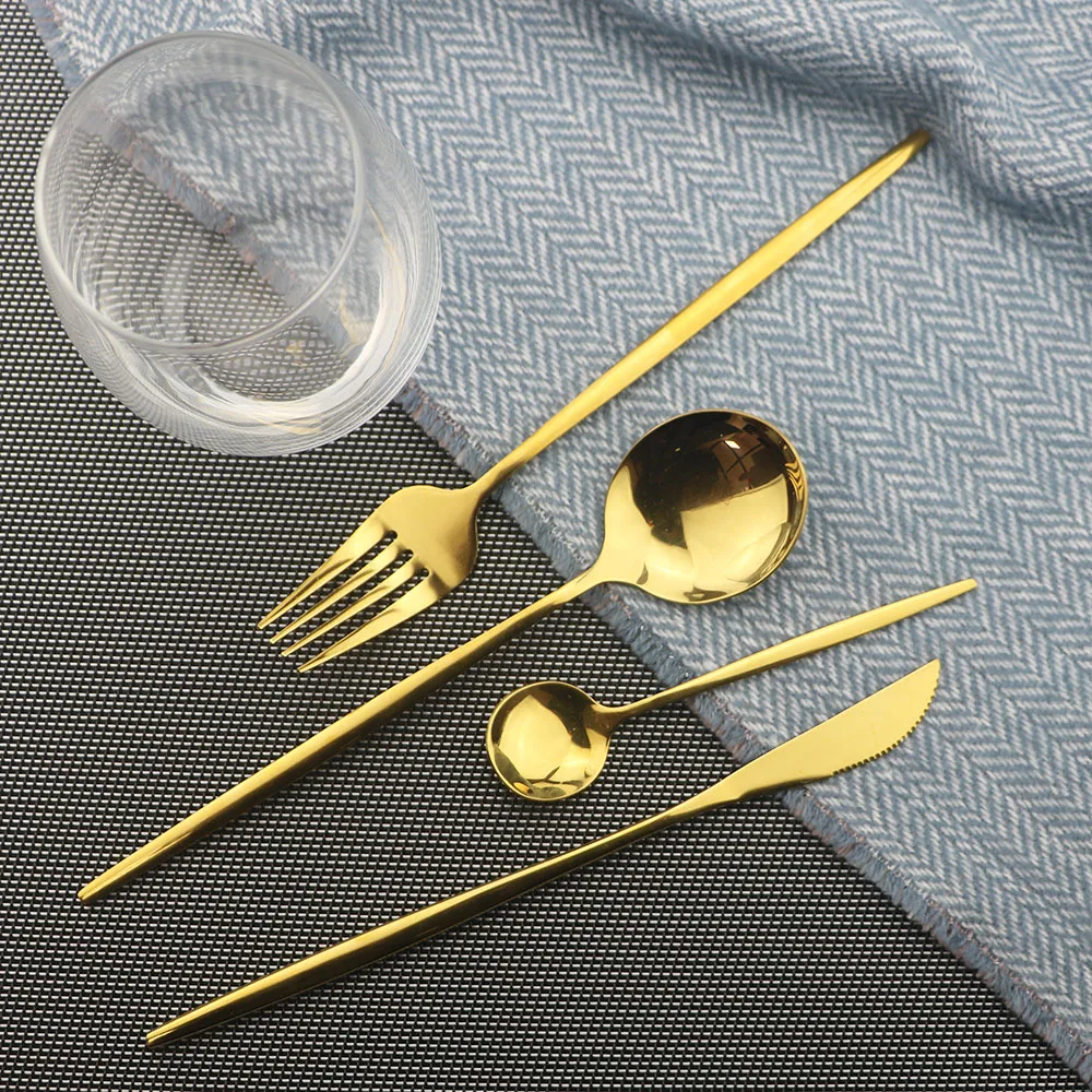 4Pcs/set 18/10 Stainless Steel Cute Hot Golden Dinnerware Set Kitchen Tableware Knife Fork Spoon Cutlery Silverware Sets | Дом и сад