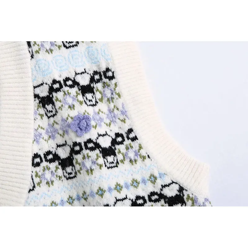 

Qeils Women 2021 Fashion Floral Jacquard Loose Knitted Vest Sweater Vintage V Neck Sleeveless Female Waistcoat Streetwear