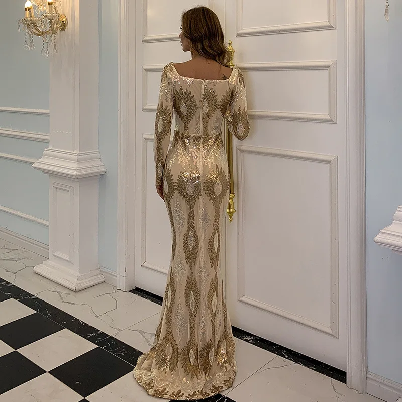 

Women Elegant Square Collar Sequin Evening Party Dress Sexy Backless Gold Long Maxi Dress Casual Night Club Ladies Bodycon Dress