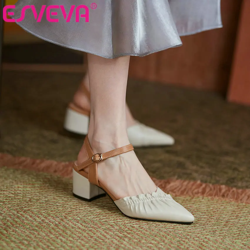

ESVEVA 2021 Soft PU Leather Summer Female Shoes Square High Heel Buckle Sandals Elegant Pointed Toe Women Pumps Size 34-43