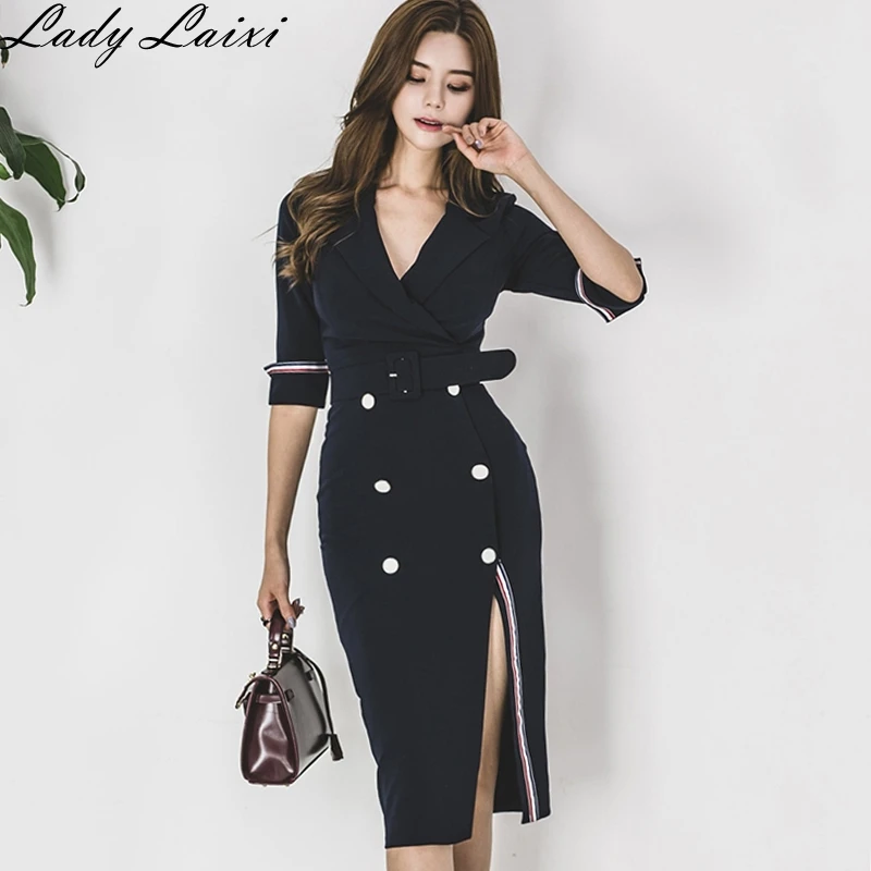 

2020 Autumn Office Lady Split Pencil Women Dress Double Breasted Sheath Notched Collar Formal Bodycon Work dress With sashes