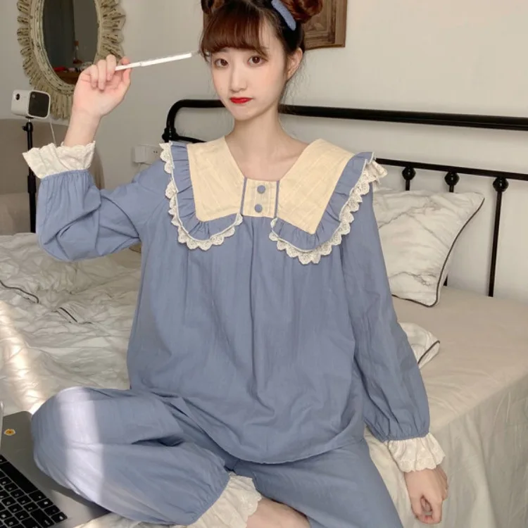 

Женская Удобная и теплая Пижама, однотонная милая и свободная кружевная Пижама с кукольным воротником + брюки, домашняя одежда из двух предм...