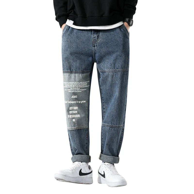 

Autumn 2020 Fashion Stitching Men's Harem Pants Loose Korean Jeans Spliced Letters Print Men Straige Straight Leg Jeans Pants