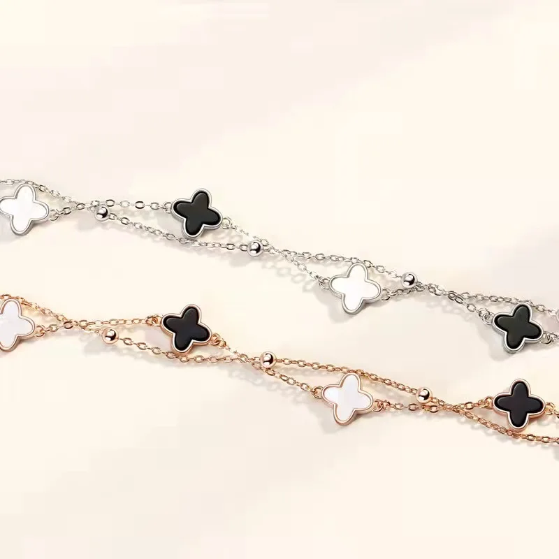 

Женский серебряный браслет с четырьмя листьями клевера, простой женский браслет из агата, двойной браслет из розового золота