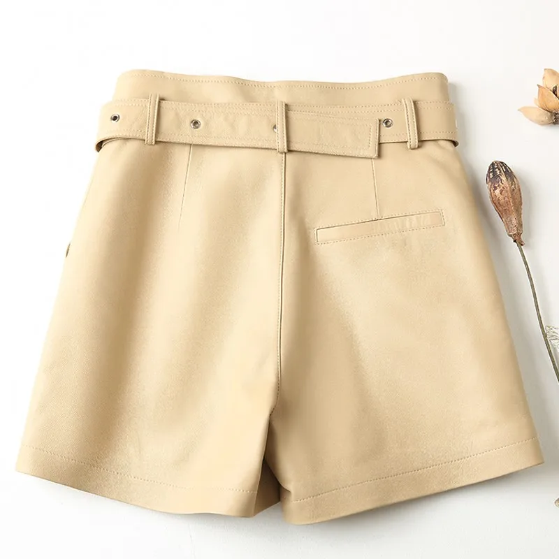 Genuine Leather Shorts Womens New High Waist Straight Sheepskin Shorts Pockets Sashes High Quality Korean Style Fashion Shorts