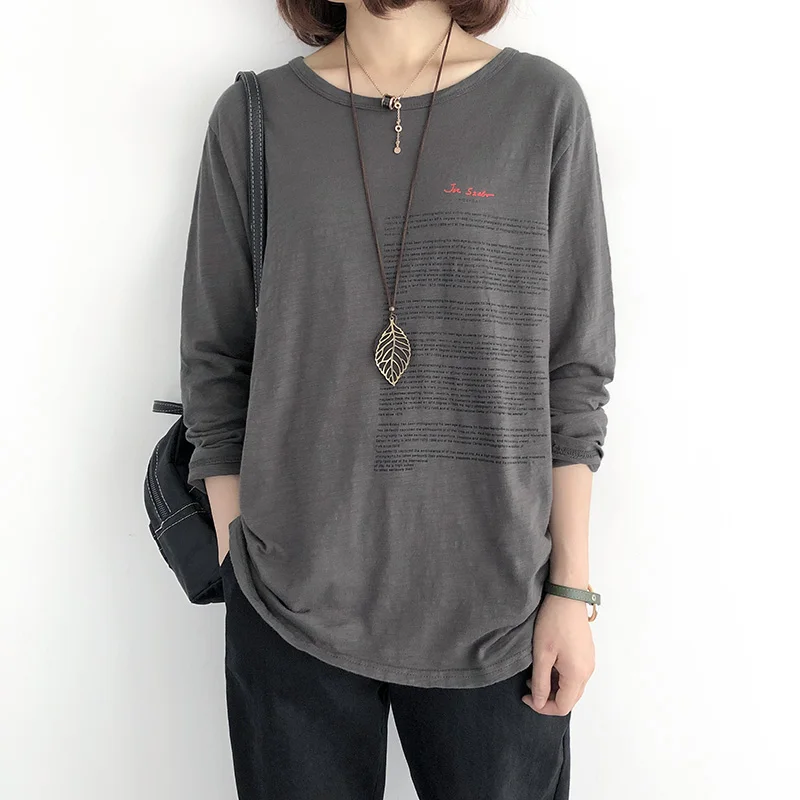 2019 винтажная Женская футболка из хлопка и бамбука осенняя тонкая черная модная