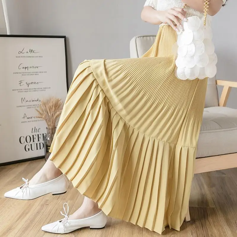 

Spring summer pleated half-length skirt 2021 new stitching high waist covering cross-display thin a-line white pleated skirt