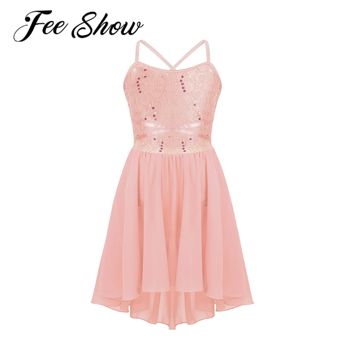 

Кружевное балетное платье для девочек, шифоновое балетное трико с блестками и заниженным подолом, для фигурного катания, костюмы для лирических танцев