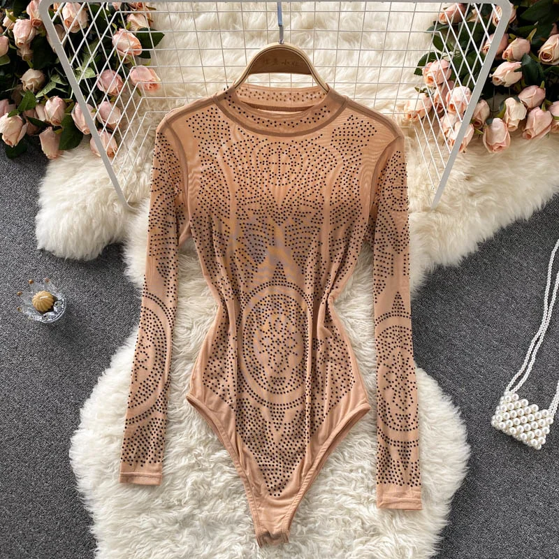 

See Through Mesh Bodysuit for Women Sexy Nude Mock O-neck Long Sleeve Bodycon Jumpsuit Club Party Skinny Body Top Fashion Lady