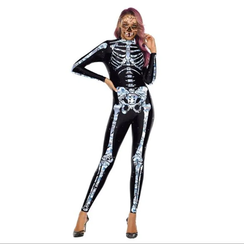 

New 3D Print Rose Skeleton Costume Jumpsuit Scary Halloween Costumes For Women Mechanical Skull Plus Size Bodysuit
