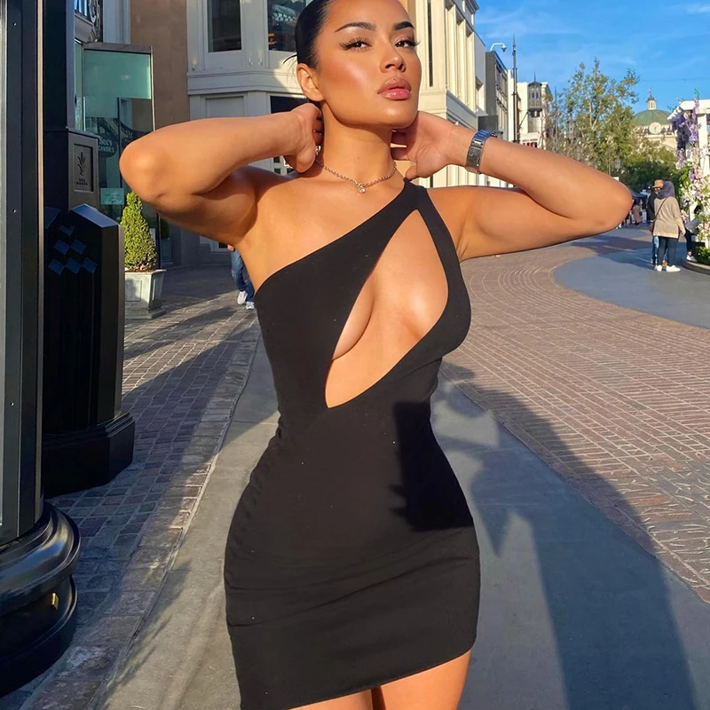 

Kayotuas Women Dress Sexy One-Shoulder Hollow Out Mini Sheath Summer Solid Color Sleeveless Cut Out Front Short Bodycon Clubwear