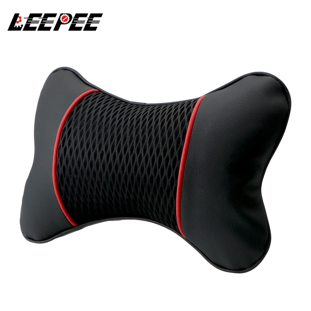 

2Pcs Car Seat Travel Neck Pillow Car Accessories Interior Support Seat Accessories PU Leather Knitted Car Headrest Neck Pillow