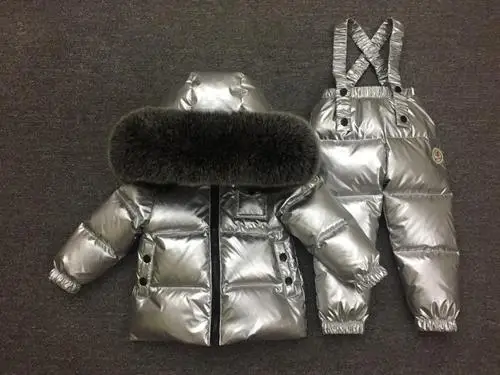 fox fur silver Пуховый костюм для русской зимы для девочек, теплые зимние костюмы для детей куртка на утином пуху для мальчиков+ комбинезон, комплект одежды из 2 предметов, детская зимняя одежда - Цвет: fox fur silver