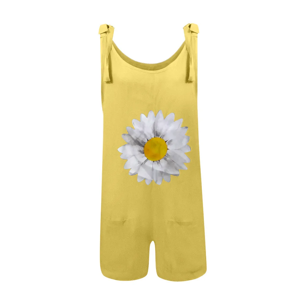 

Womail Women jumpsuit Retro Print Cotton Linen Jumpsuit Shorts Summer Elegant Strappy Backless Bodysuit Pocket Loose Trousers