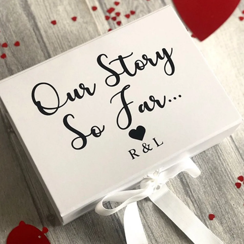 

Personalised Our Story So Far .. Small Gift Box, White Box with Ribbon Tie, cutom mr and mrs Love Keepsake Present gift box
