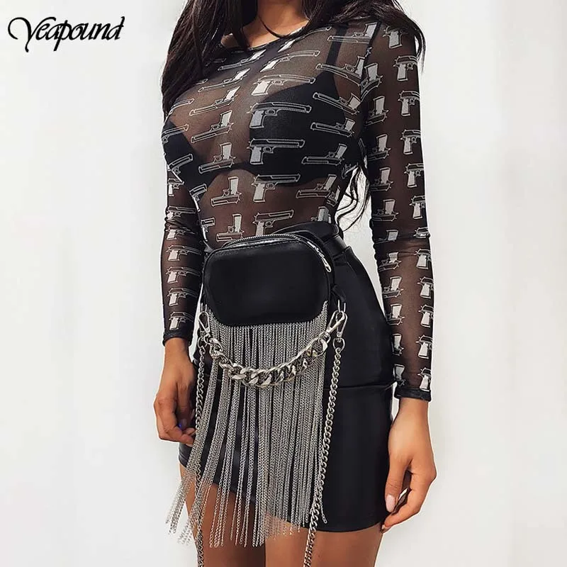 

Women Long Sleeve Bodysuit Sexy Print Jumpsuits O-Neck See Through Ladies Club Body Tops Autumn Female Romper