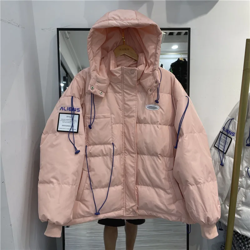 

Women's Winter Jacket 2021 New Fashion Short White Duck Down Hooded Famale Casual Loose Solid Color Thickening Down Coat