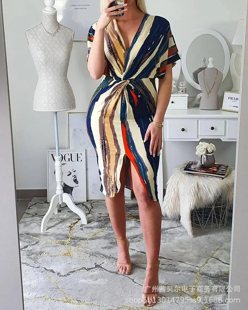 

2021 New Fashion Multicolor Striped Print V-Neck Belt Dresses for Women Office Lady Short Sleeve Woman Dress
