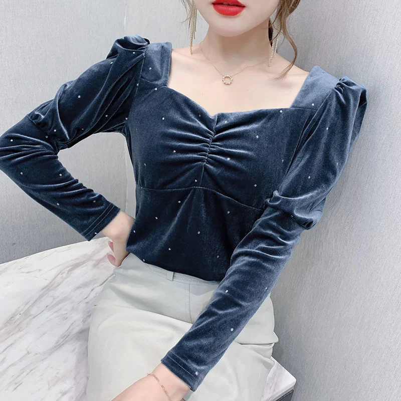 

Blouse Women Top Woman Square-Neck Puff Sleeve Pleuche Long Sleeve Shirts for Women Blusas Ropa De Mujer