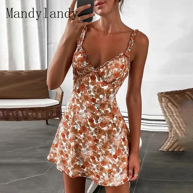 

Mandylandy Women's Sexy Printed Mini Dress Summer Elegance Spaghetti Strap Slim-Fit V-neck High Waist Dress