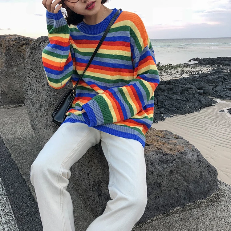 Женский свитер с радужными полосками Вязаный рождественский в Корейском стиле