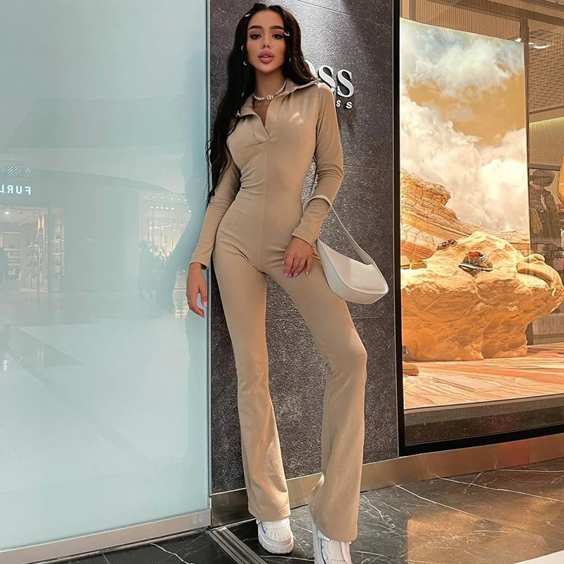 

2021 Autumn Winter Women Solid Long Sleeve V Neck Flare Jumpsuit Sexy Streetwear Fitness Casual Sportswear Rompers