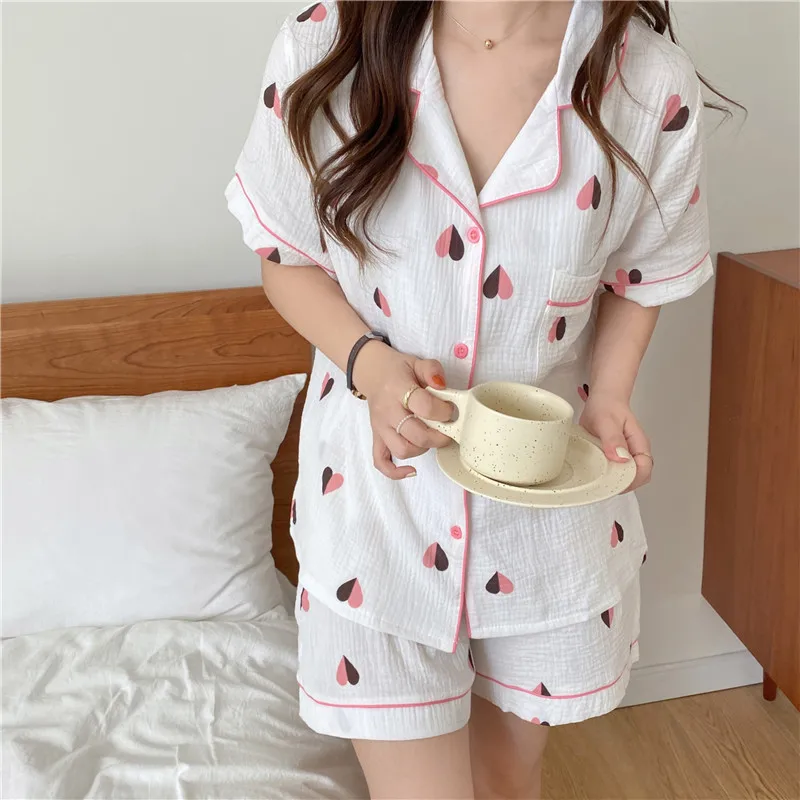 

CBAFU летний пижамный комплект из крепа и хлопка, Женская домашняя одежда, комплект из 2 предметов, рубашка с коротким рукавом и шорты, домашняя...