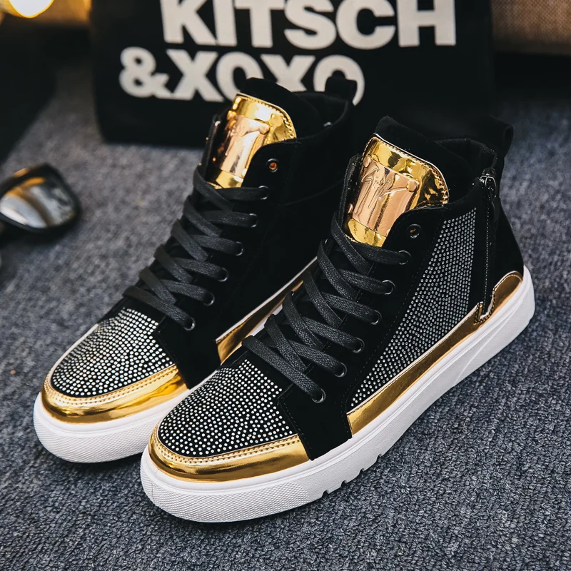 

2020 Cool Men High Top Men Gold Glitter Sneakers Lace Up Crystal Platform Flats Gold Shoes Man Sequins Bling Shoes AC-2
