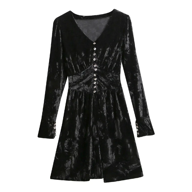 

High-quality Elegant Pleuche Gold Velvet Little Black Dress 2 Women's Long-sleeved A-line Waist Four Seasons Dress