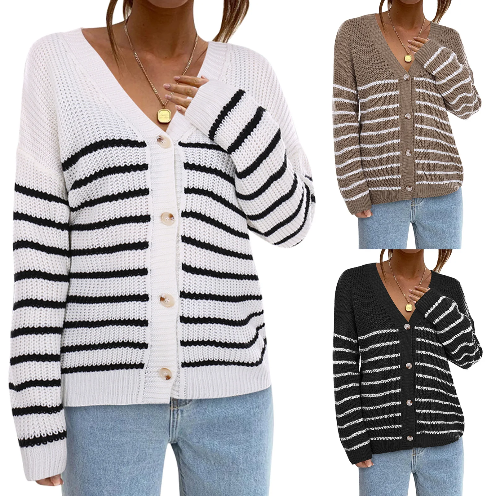 

Women's V-neck Long Sleeve Striped Printed Cardigan Sweater Large Size Loose Single-breasted Buttons Long Sweater Jacket /F