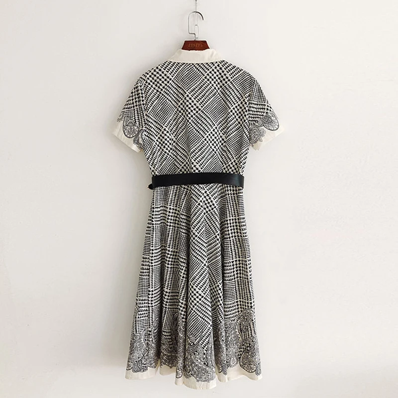 

Houndstooth Plaid Print Summer Long Dress Women A-Line with Belt Short Sleeve Vintage Party Dress Cotton Office Midi Dress B960