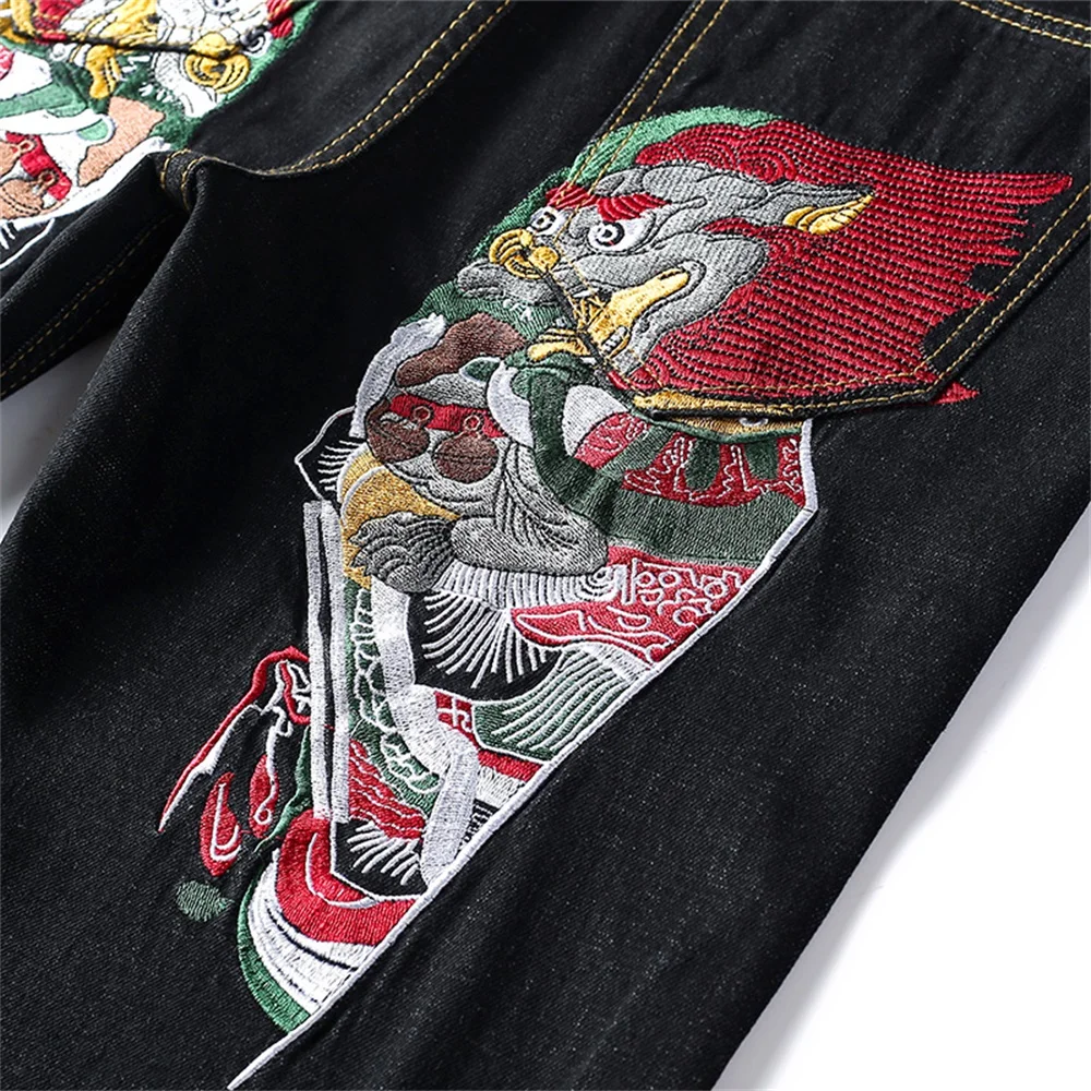 EH·MD® New Double Lion Embroidered Jeans Men's Chinese Retro Small Straight Loose Fashion Large Size Black Trousers Golden Silk