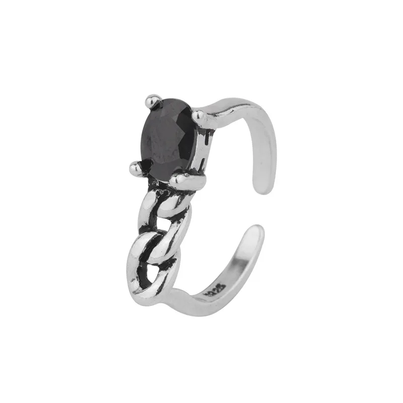 

XIYANIKE 925 Sterling Silver Metal Creative Irregular Chain Obsidian Ring Female Fashion Handmade Retro Punk Style Hand Jewelry
