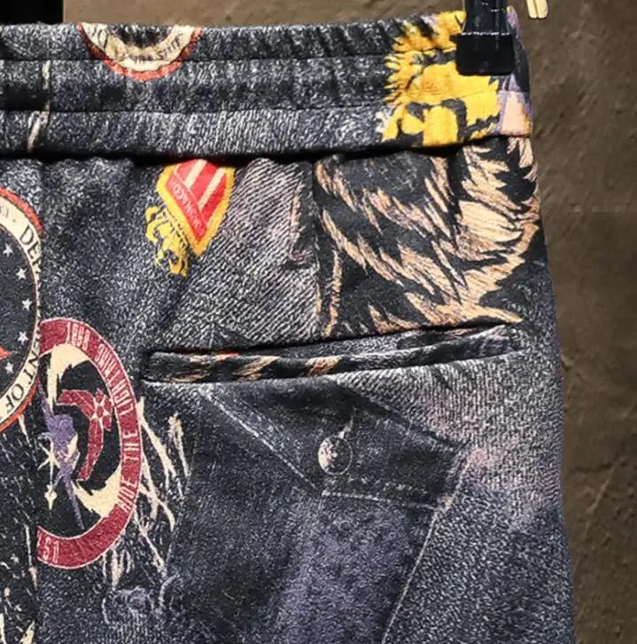 New European printing pants men's jeans American style digital slim-fit flower trousers lace-up closure stretch casual trousers