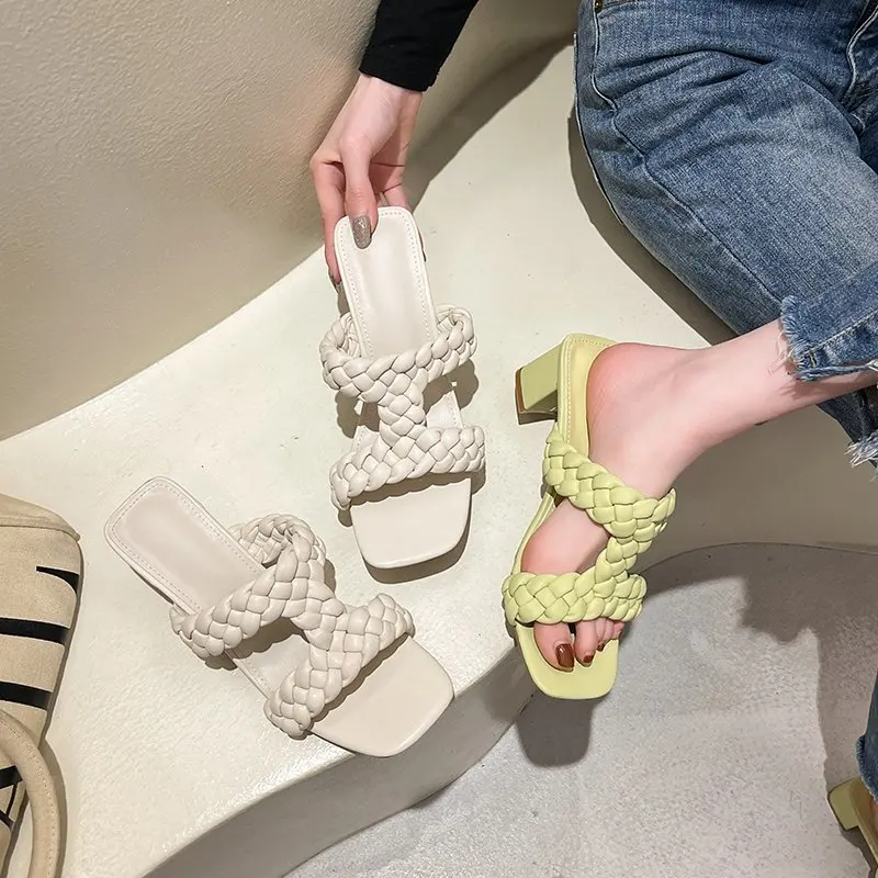 

Female Shoes Ladies' Slippers Women Heels Square heel Luxury Slides 2021 High Block Summer Designer Rome Fashion Rubber PU Hoof